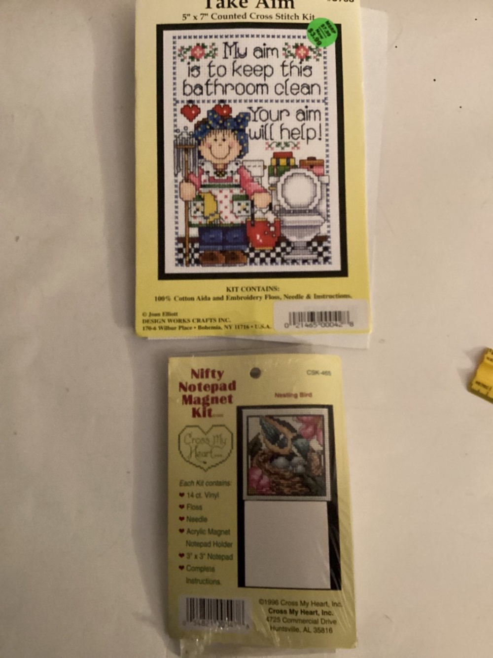 2 Cross Stitch Kits: Notepad/magnet w/ 3x3 in. pic and 5 x 7 in. Bathroom Humor